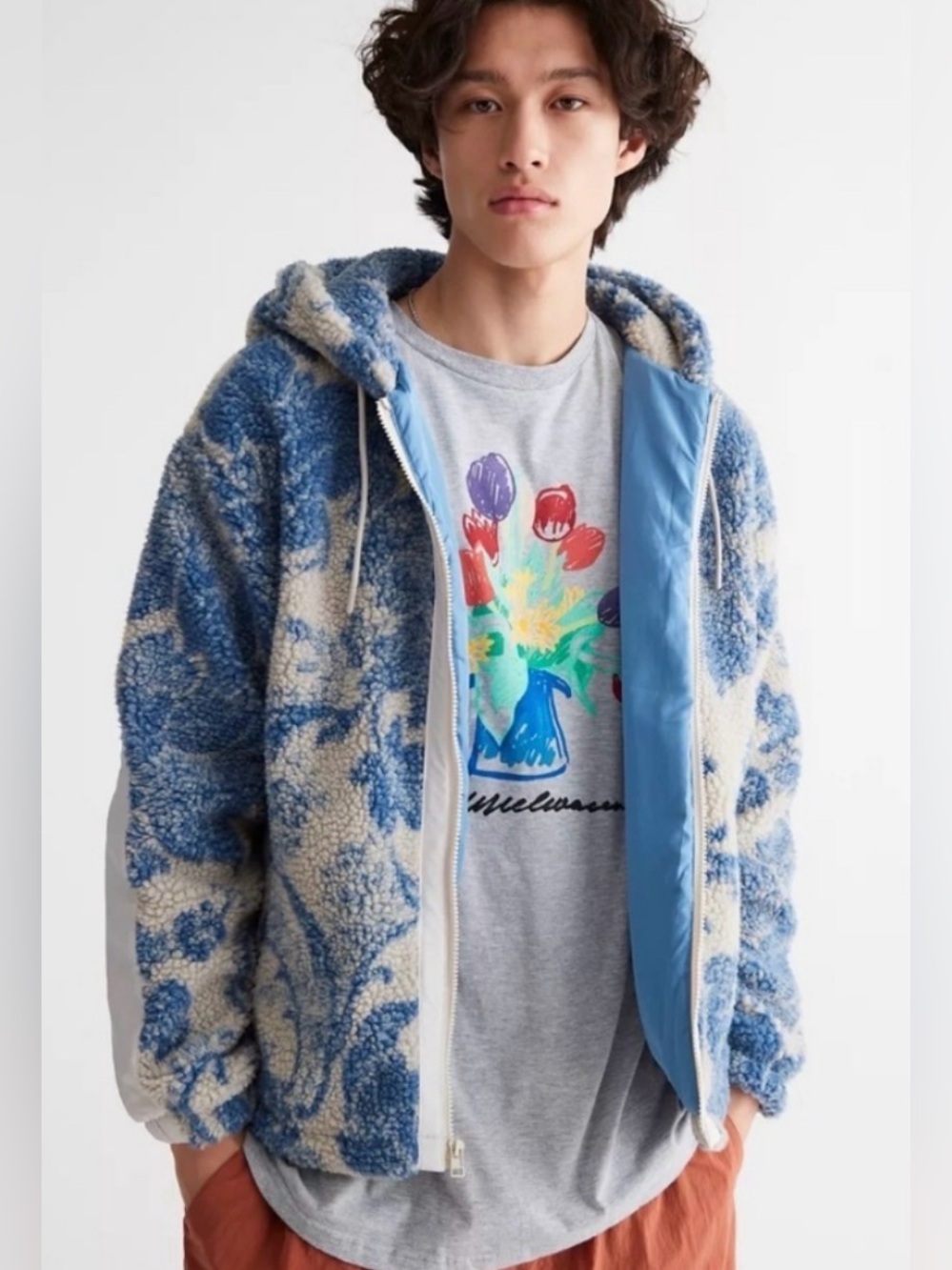 Urban Outfitters Sherpa Patterned Fleece Hooded Jacket Blue Cream Men's Size L